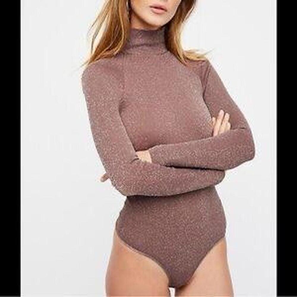 Free People Intimately sparkly brown bodysuit w mock neck size S glam fairy
